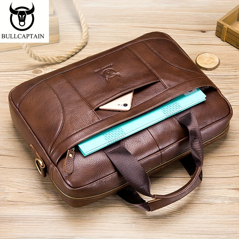 Men's Leather Briefcase Business Messenger Bag with Multiple Compartments and Adjustable Strap in Brown