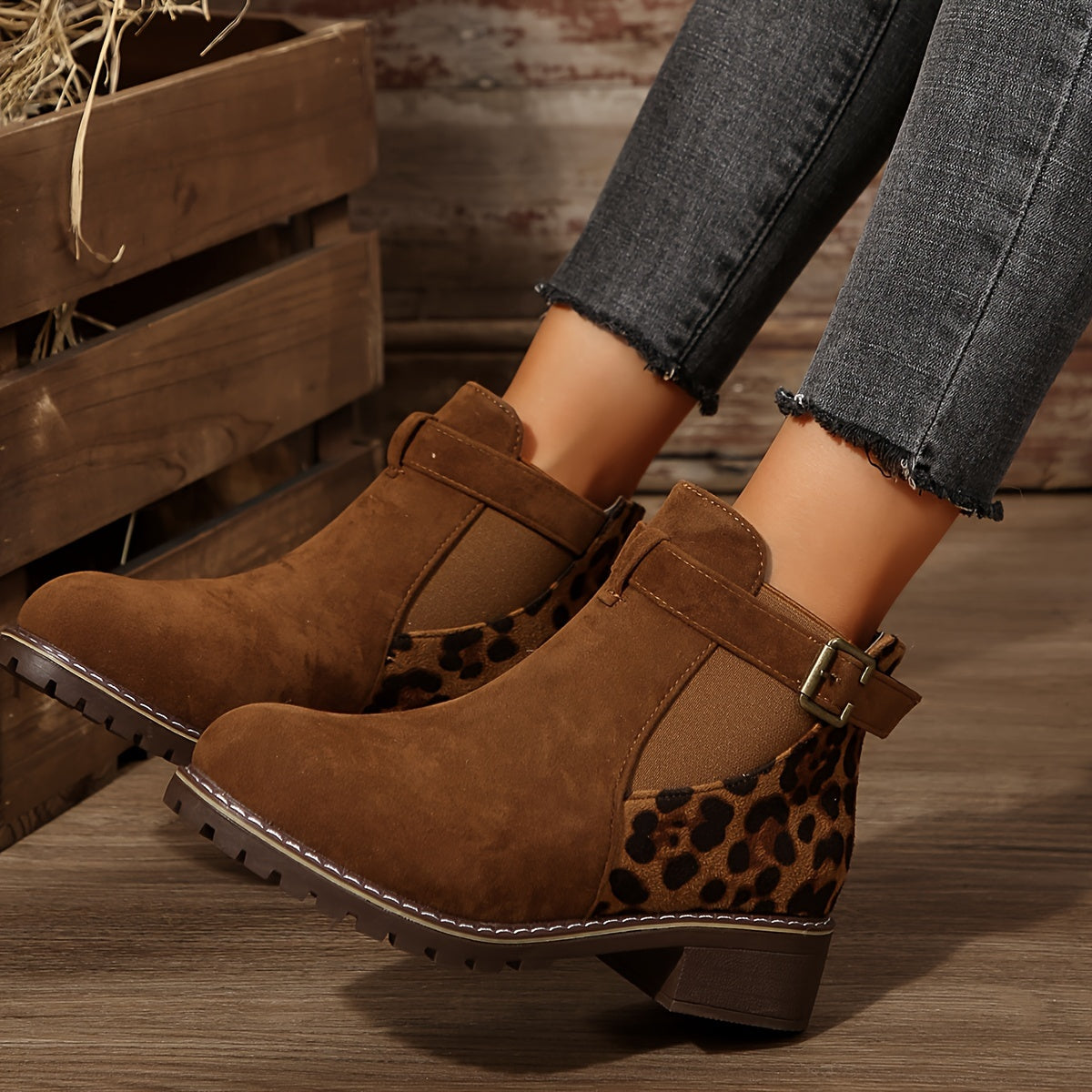 Women's Leopard Print Ankle Boots with Buckle Strap Casual Slip-On All-Season