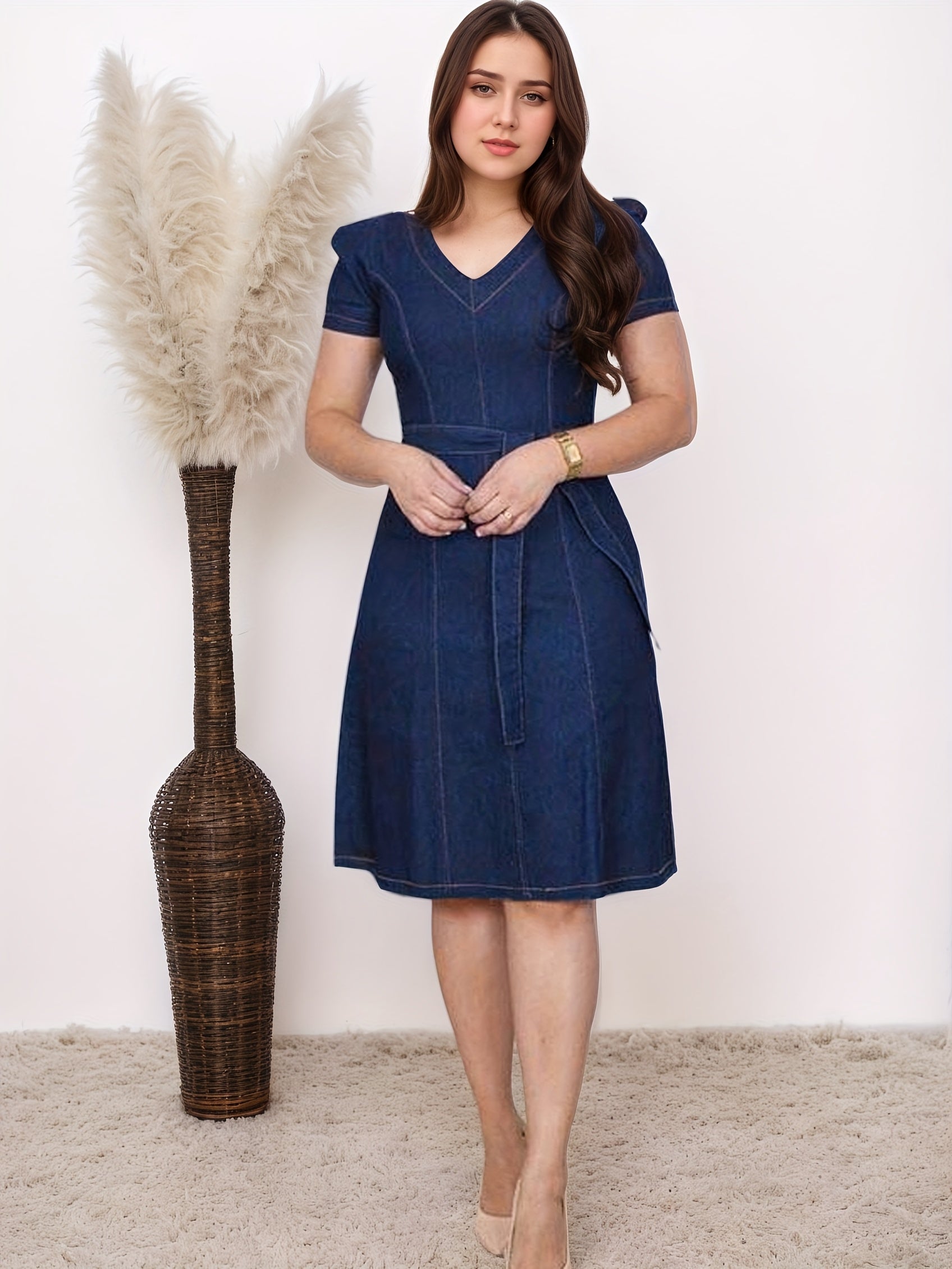 Women's Plus Size Denim V-Neck Fashion Skirt Blue Size Plus