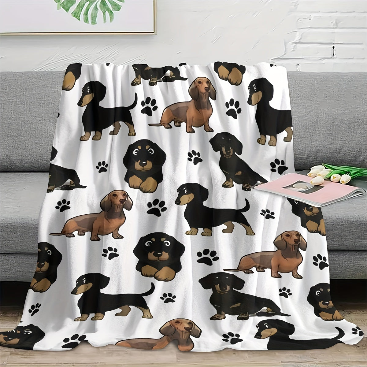 All-Season Flannel Throw Blanket with Dachshund Pattern Cozy Nap Cover