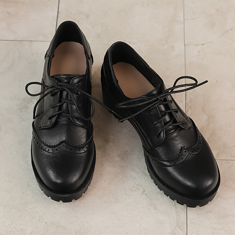 Women's Retro Brogue Oxfords Black Faux Cover Anti-Slip Thick Sole Shoes Size 44 45