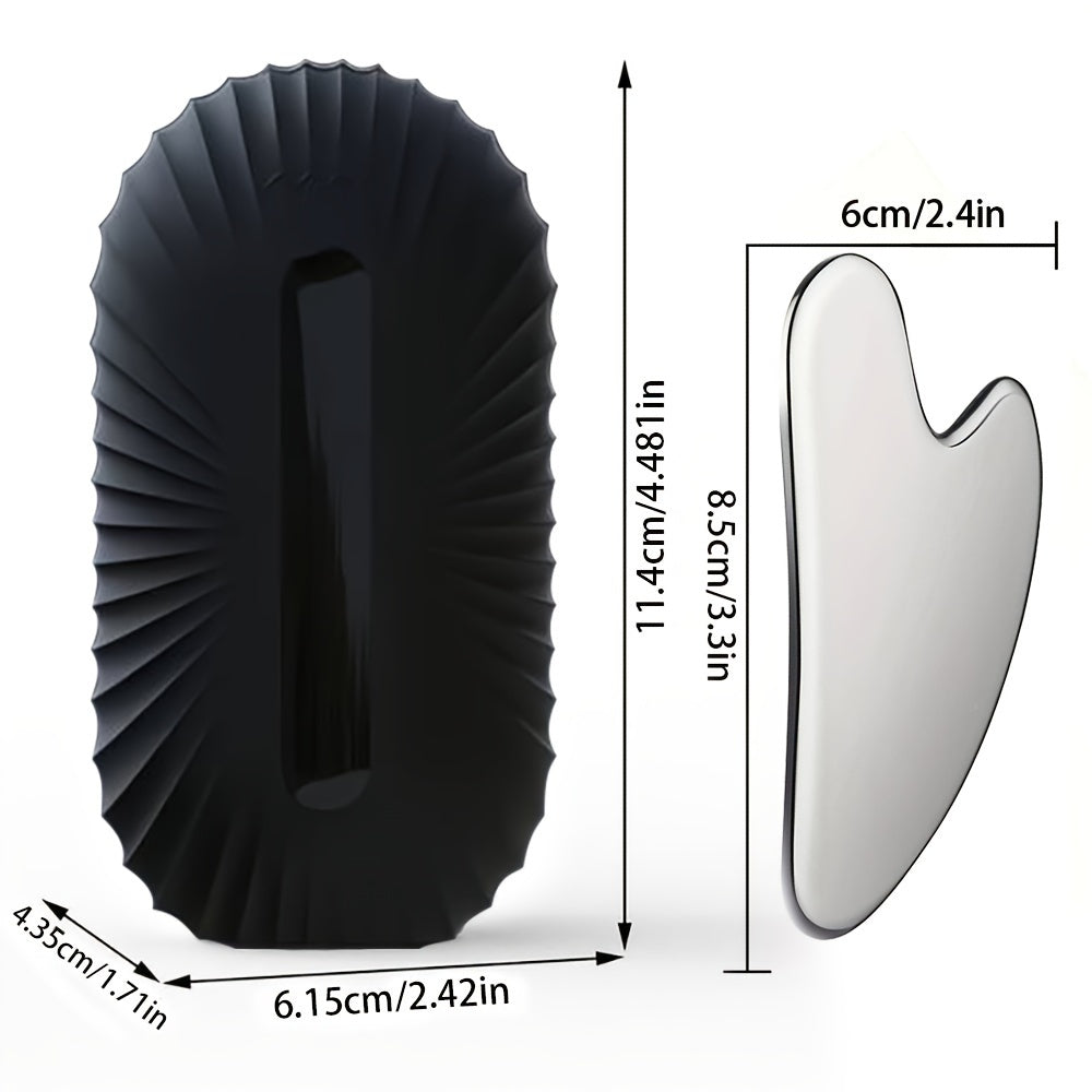 Silicone muz ruloni va zanglamaydigan po'lat Gua Sha to'plami yuz massaji uchun saqlash sumkasi bilan