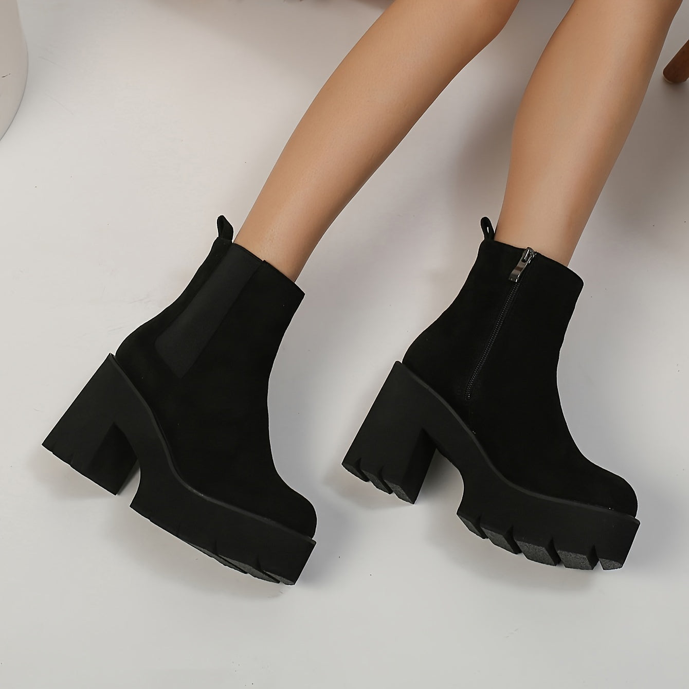 Women's Solid Color Platform Boots with Chunky Heels and Round Toe