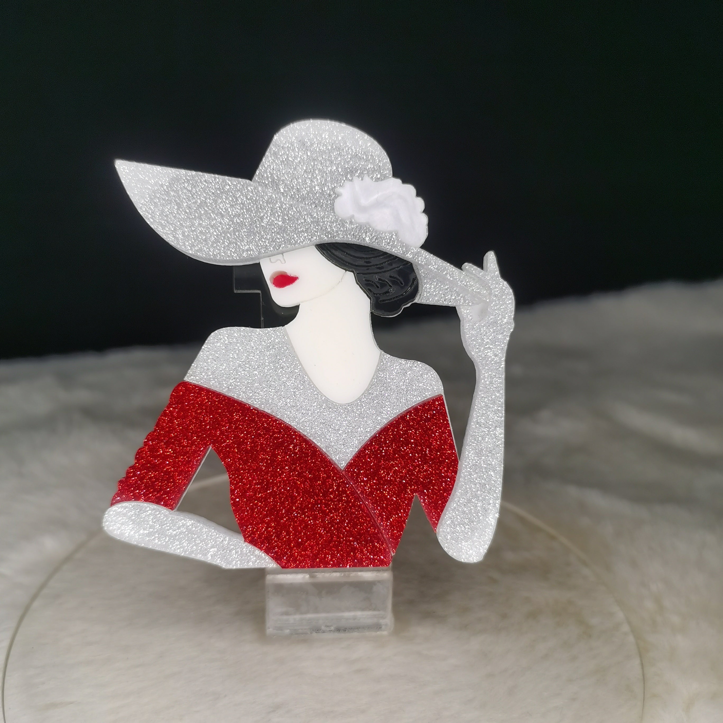 Vintage Fashion Ensemble with Silver Big Hat and Red Skirt