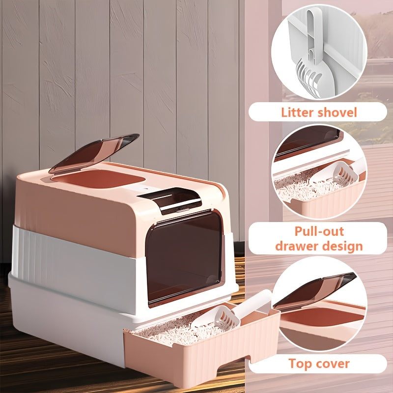 XL Green Cat Litter Box with Easy-Clean Drawer and Scoop Durable Polypropylene