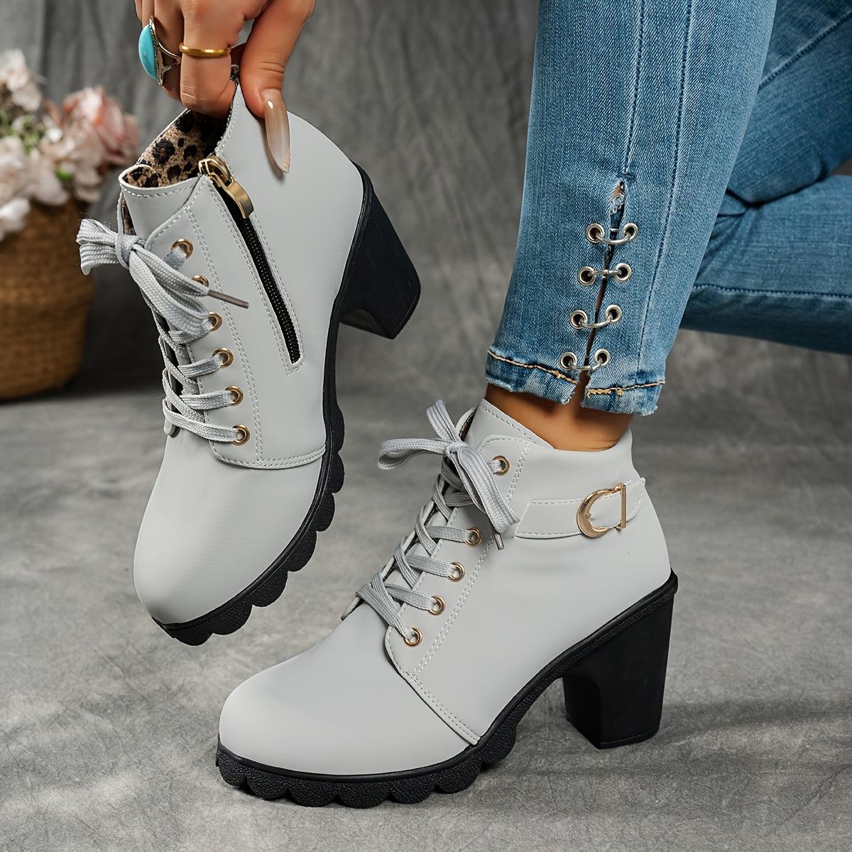 Women's Ankle Boots Faux Cover Side Zipper Chunky Heel All-Season Casual
