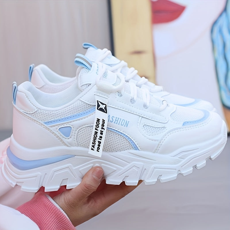 Women's White Mesh Low Top Sneakers with Lace-Up Closure and PVC Sole