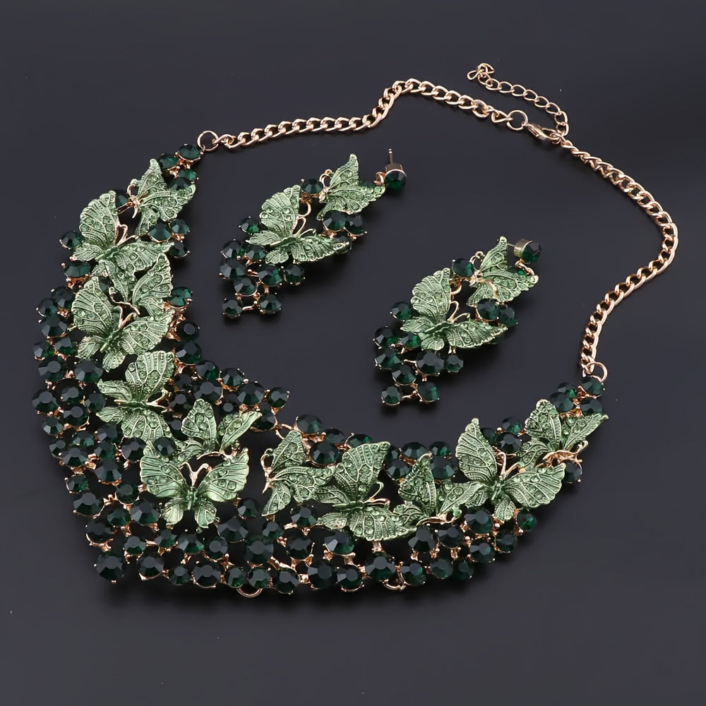 Vintage Butterfly Jewelry Set Synthetic Rhinestone Necklace and Earrings for Weddings and Parties