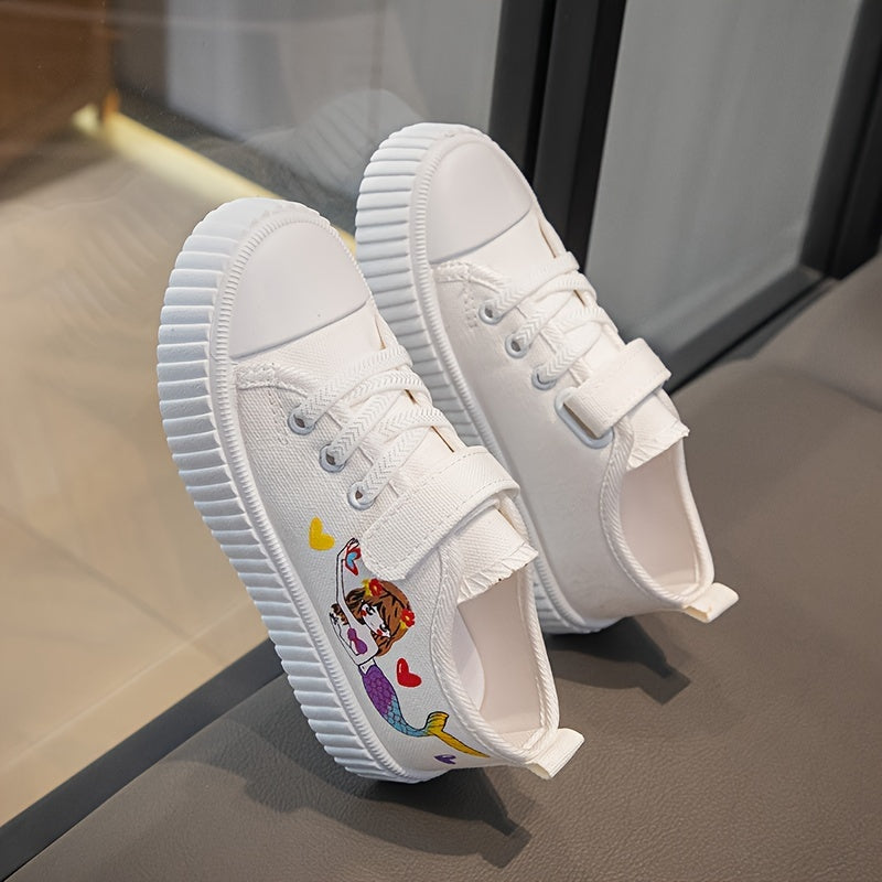 Girls Cartoon Mermaid Low Top Canvas Sneakers Lightweight Non-Slip All Seasons