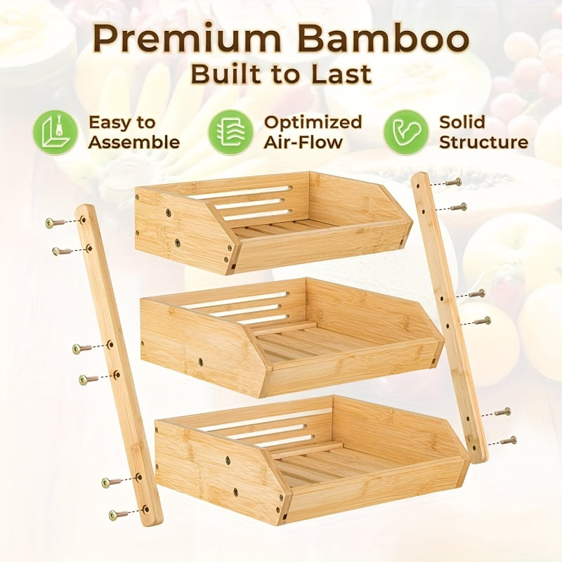 Bamboo Kitchen Organizer Three Tiers for Fruits Vegetables Bread Countertop Storage