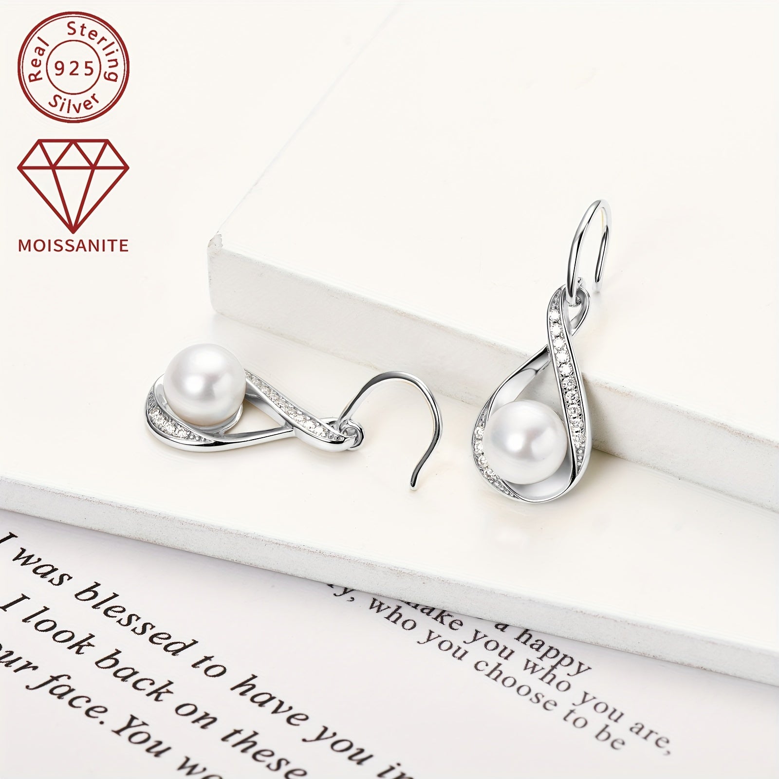 Pearl Earrings with Moissanite Stones 8mm Freshwater Beads in Silver
