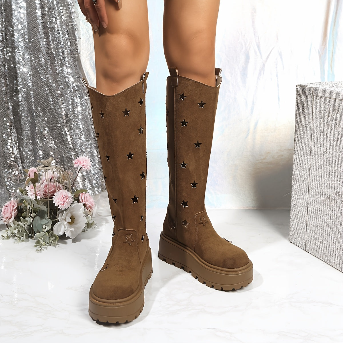 Women's Spring Ankle Boots Rubber Platform Slip-On Beige Star Embellishments