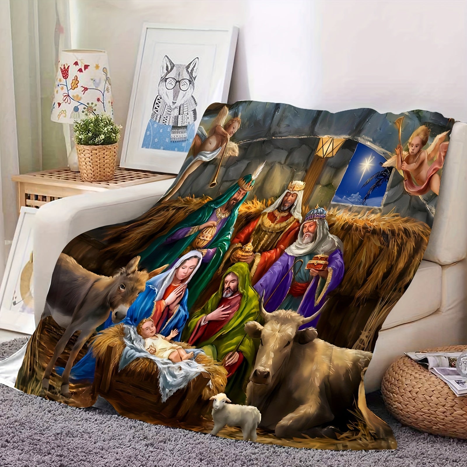 Jesus Christ Print Flannel Blanket Cozy Throw for Couch Sofa Bed Camping Travel