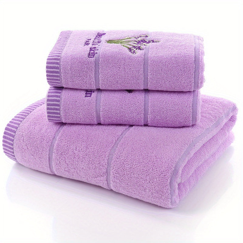Lavender Pattern Towel Set 3 Pieces Bath and Face Towels Soft Cotton