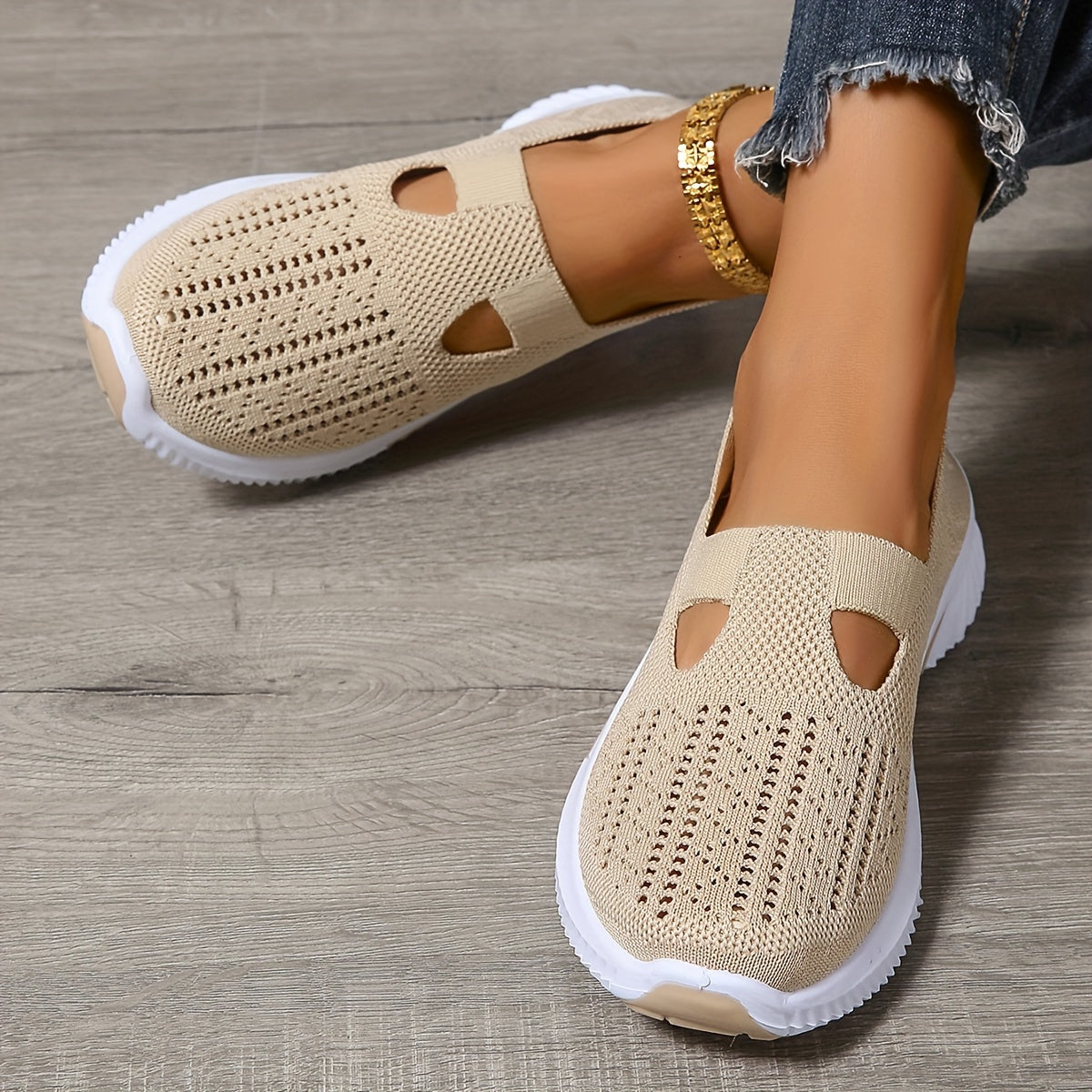 Women's Breathable Slip-On Sneakers Knit Fabric All-Season Walking Shoes
