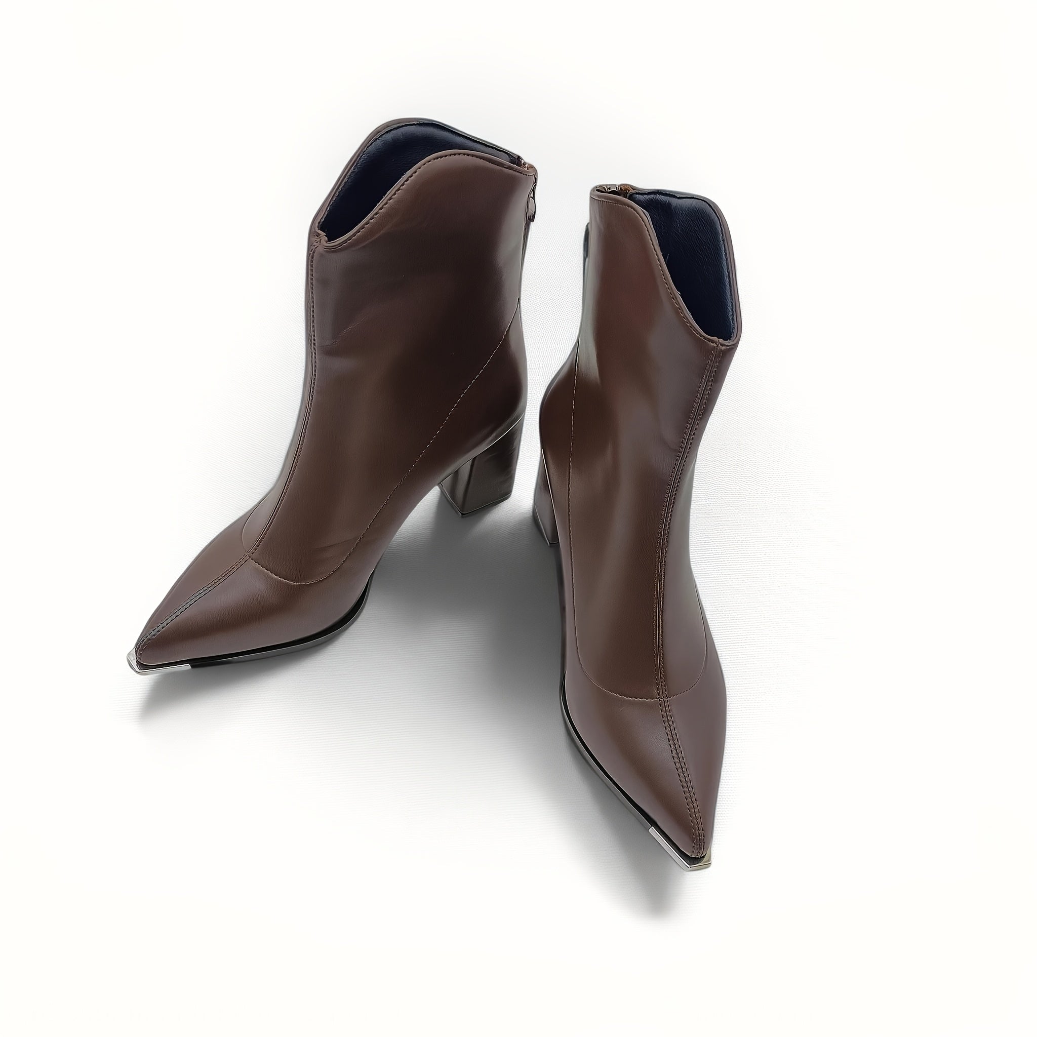 Women's Brown Pointed Toe Chunky Heel Ankle Boots All-Season Faux Cover