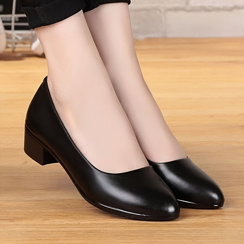 Women's Mid Heel Pumps Solid Black Round Toe Block Heel Dress Shoes