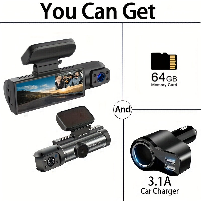 1080P HD Ikki linzali avtomobil DVR 64GB karta bilan 12 soat yozib olish avtomatik aylantirish IPS ekran