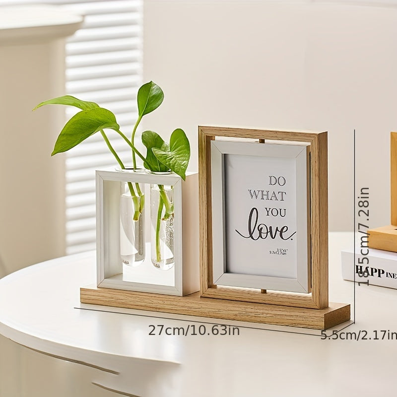 Hydroponic Plant Photo Frame with Glass Vase Wooden Desktop Decor for Living Room Study or TV Cabinet