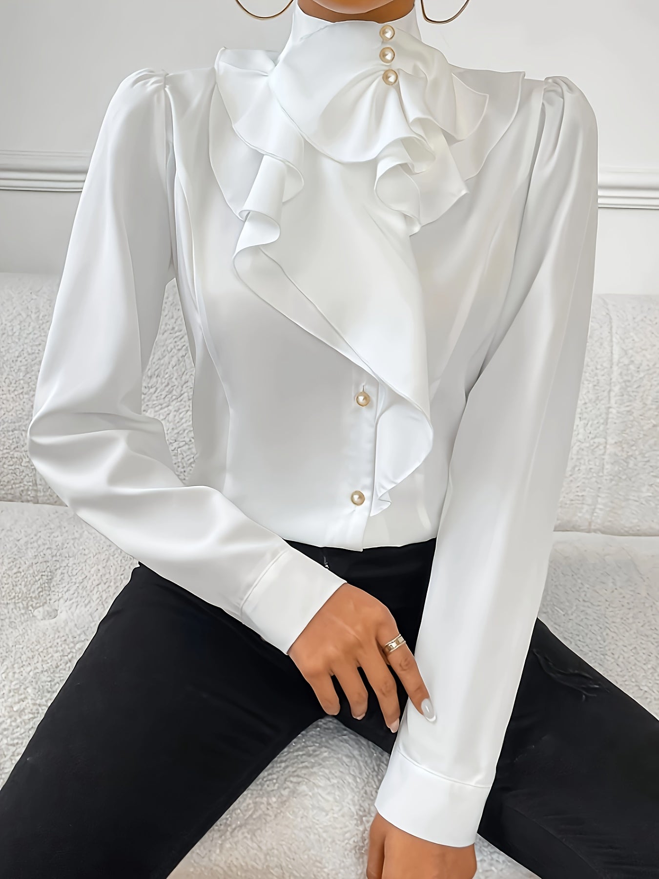 Women's Casual Mandarin Collar Ruffle Detail Blouse Polyester Solid Color Spring Summer Fall