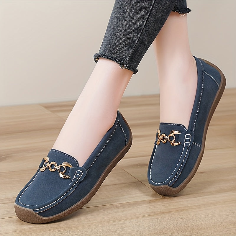 Women's Brown Synthetic Slip-On Loafers with Gold Chain, Round Toe