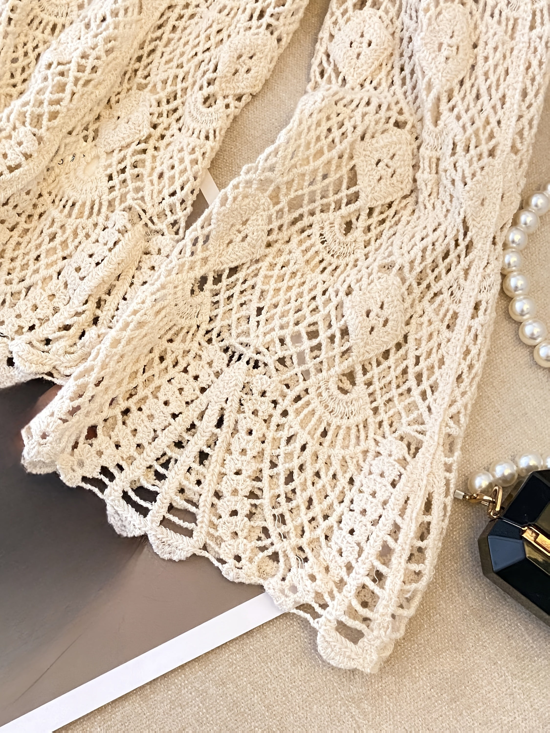 Blusa de encaje de crochet con cuello en V para mujer talla plus de manga larga primavera verano