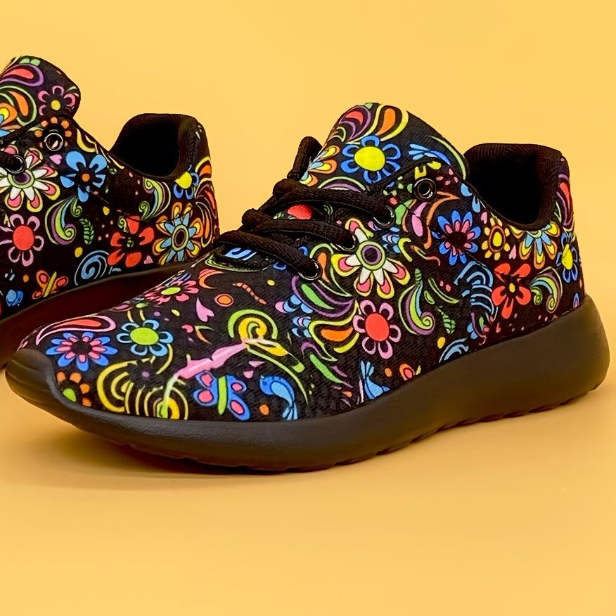 Women's Lightweight Sneakers with Mexican Flower Pattern Lace-Up Running Shoes