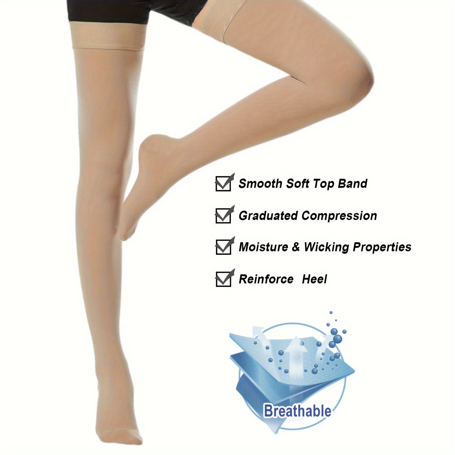 1 шт. МедКэр Женские компрессионные чулки, 15-20 мм рт. ст. до бедра, трикотажная ткань из нейлона и спандекса, медицинского класса для профилактики тромбозов.