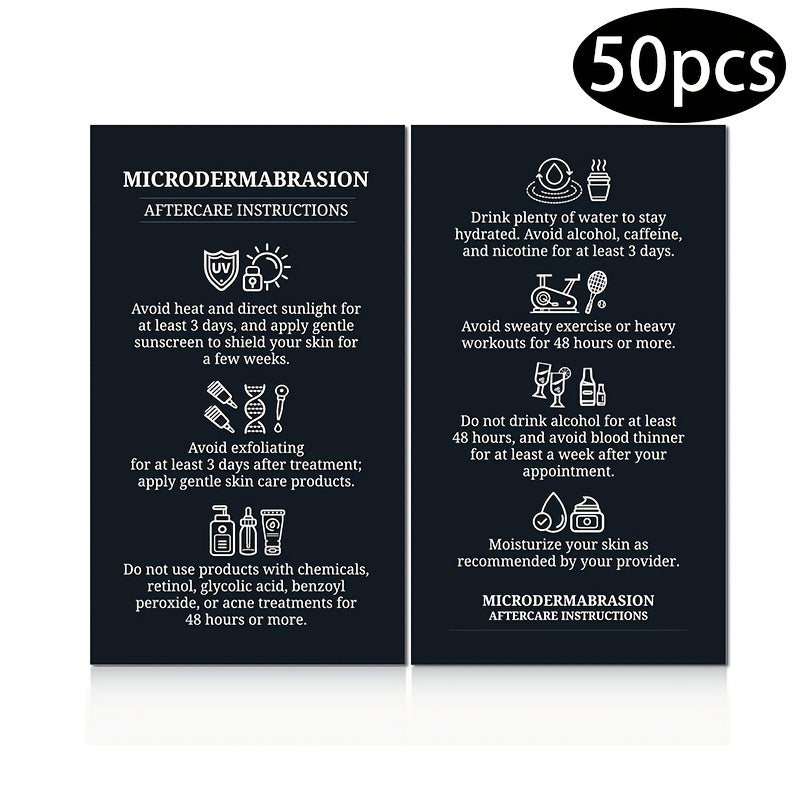 Juego de 50 tarjetas de instrucciones de cuidado posterior a la microdermoabrasión duraderas para tratamientos de cuidado de la piel y belleza
