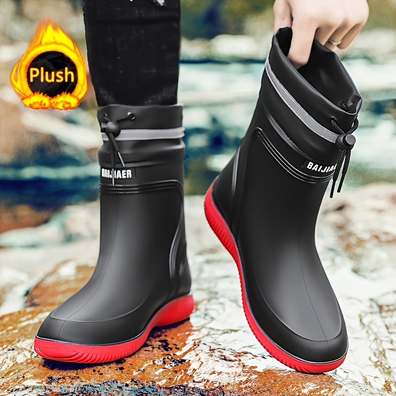 Unisex Waterproof Rain Boots with Fleece Lining Slip-Resistant for Outdoor Activities Black Gray Red Sole