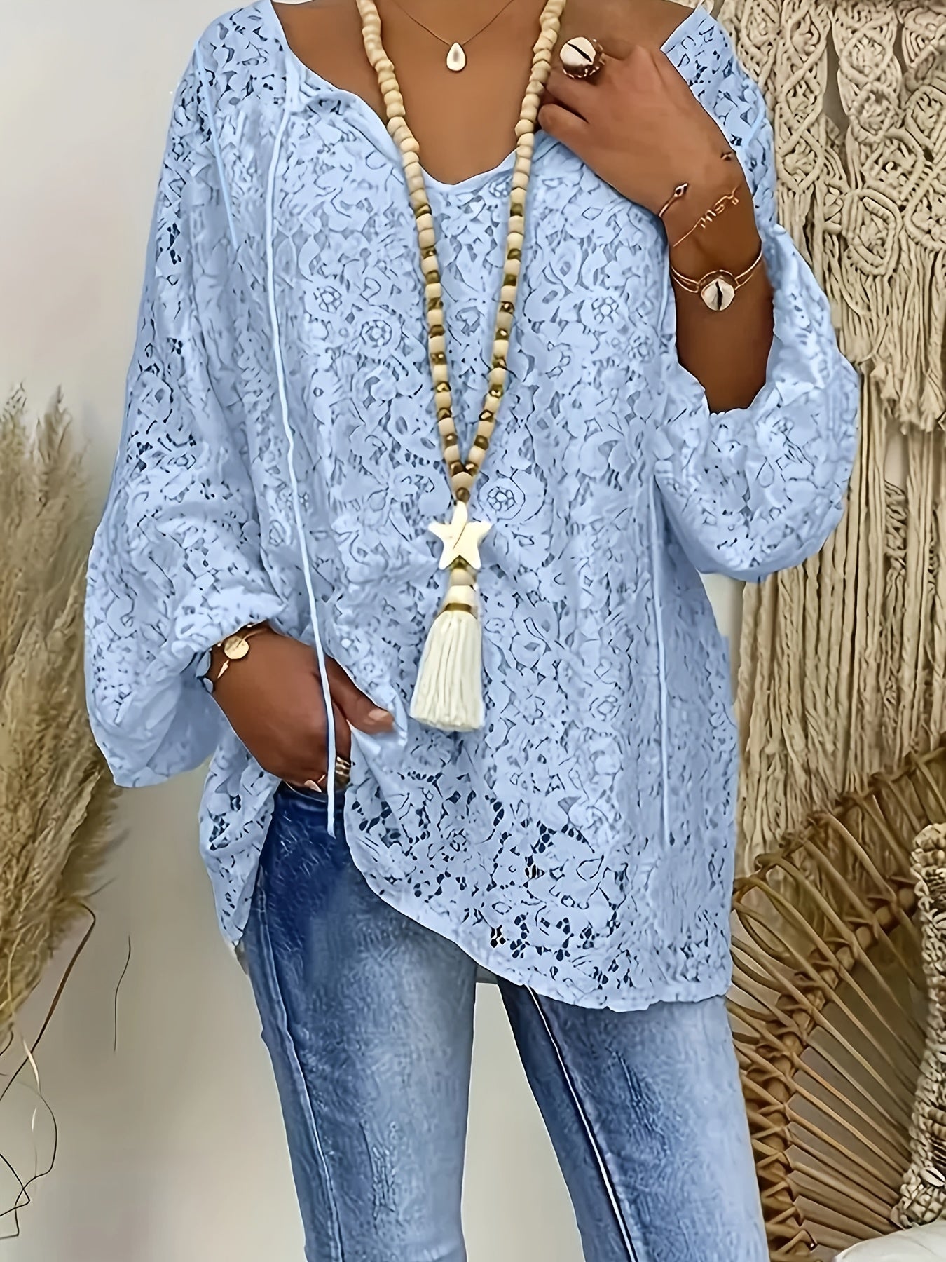 Plus Size Women's Floral Print Blouse V-Neck Lantern Sleeve Vacation Top