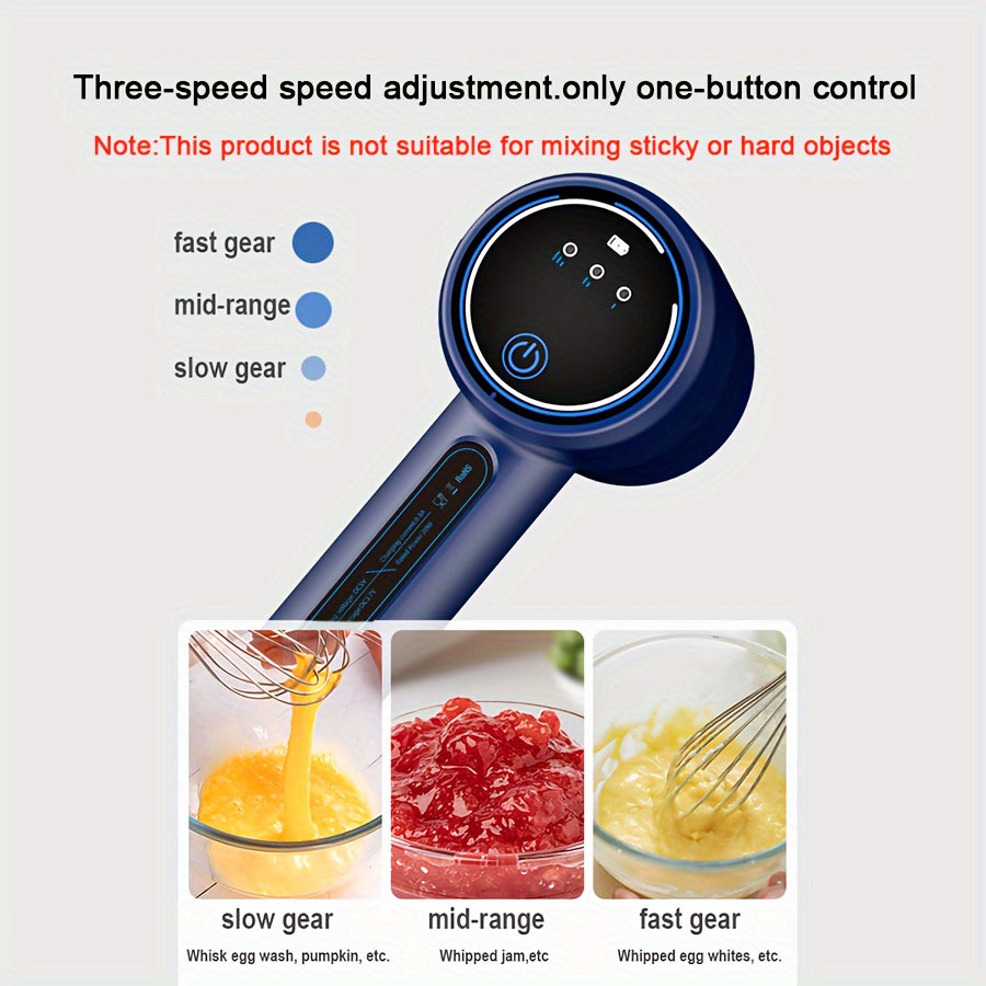 Portable Electric Handheld Whisk Mixer with USB Rechargeable Battery, 3-Speed, Stainless Steel Whisks for Baking and Cooking