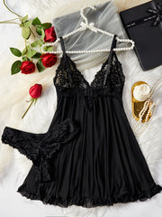 Plus Size Women's Floral Lace Ruffled Mesh Babydoll and Panty Lingerie Set