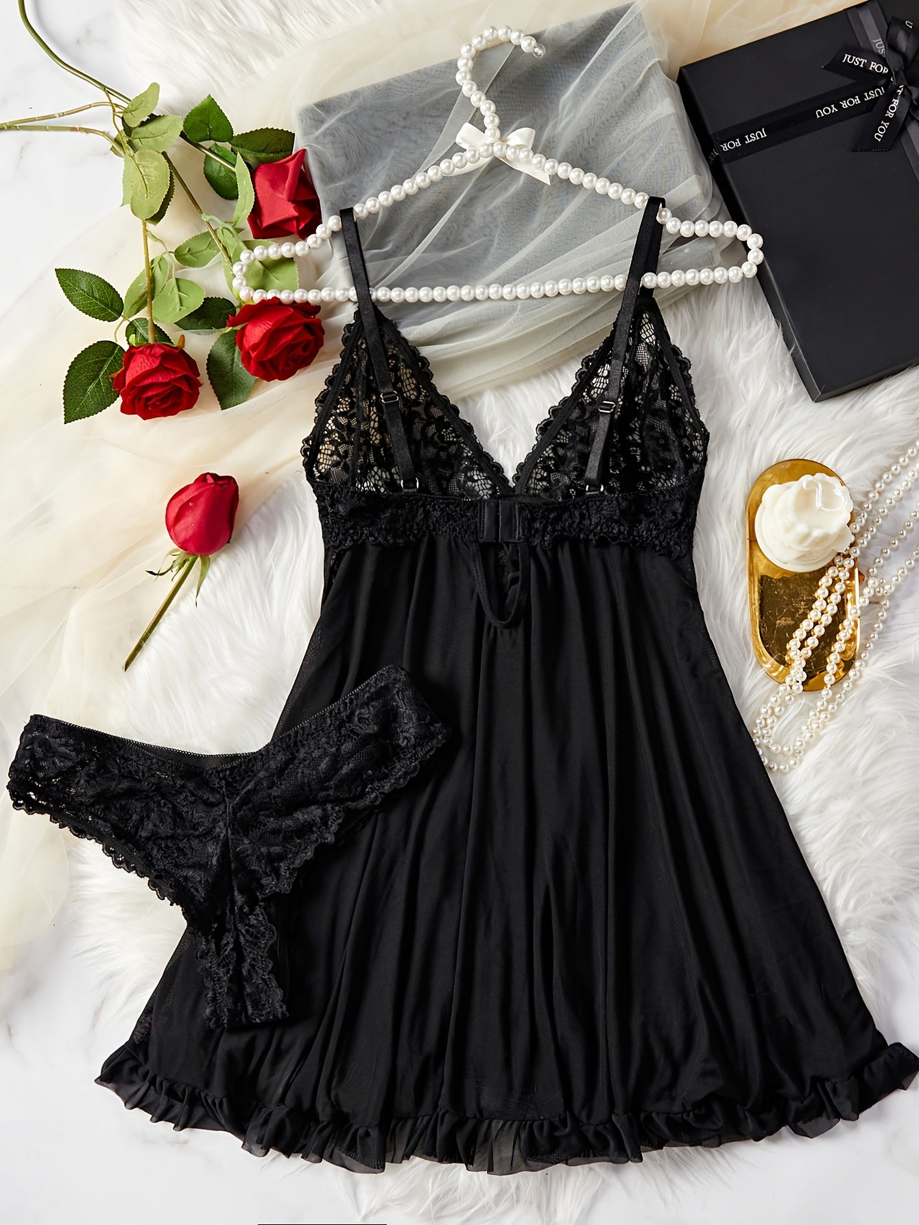 Plus Size Women's Floral Lace Ruffled Mesh Babydoll and Panty Lingerie Set