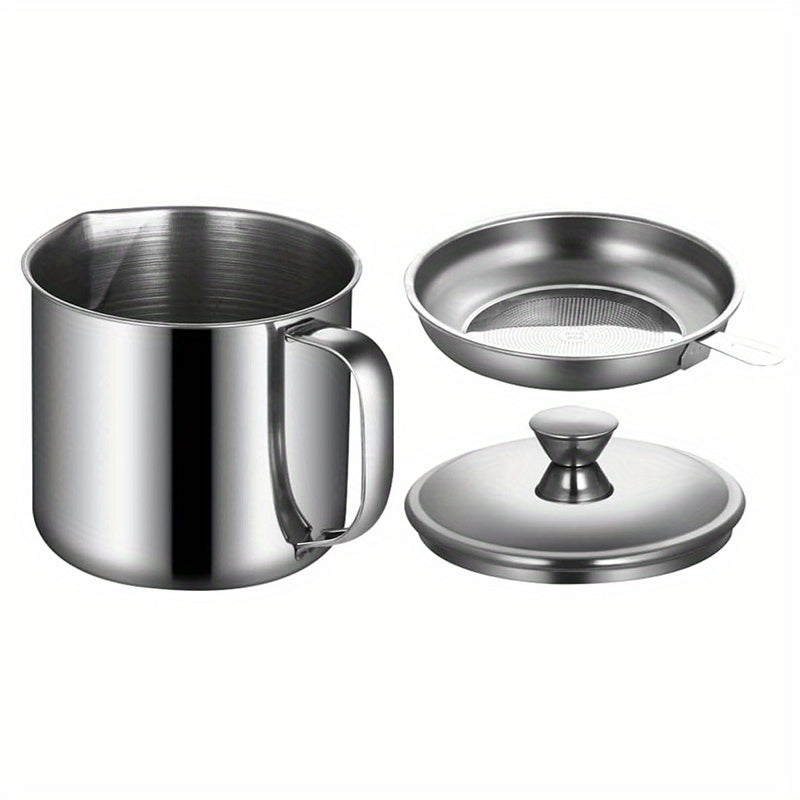 Stainless Steel Oil Storage Container with Strainer 43.96oz Kitchen Filtration Pot