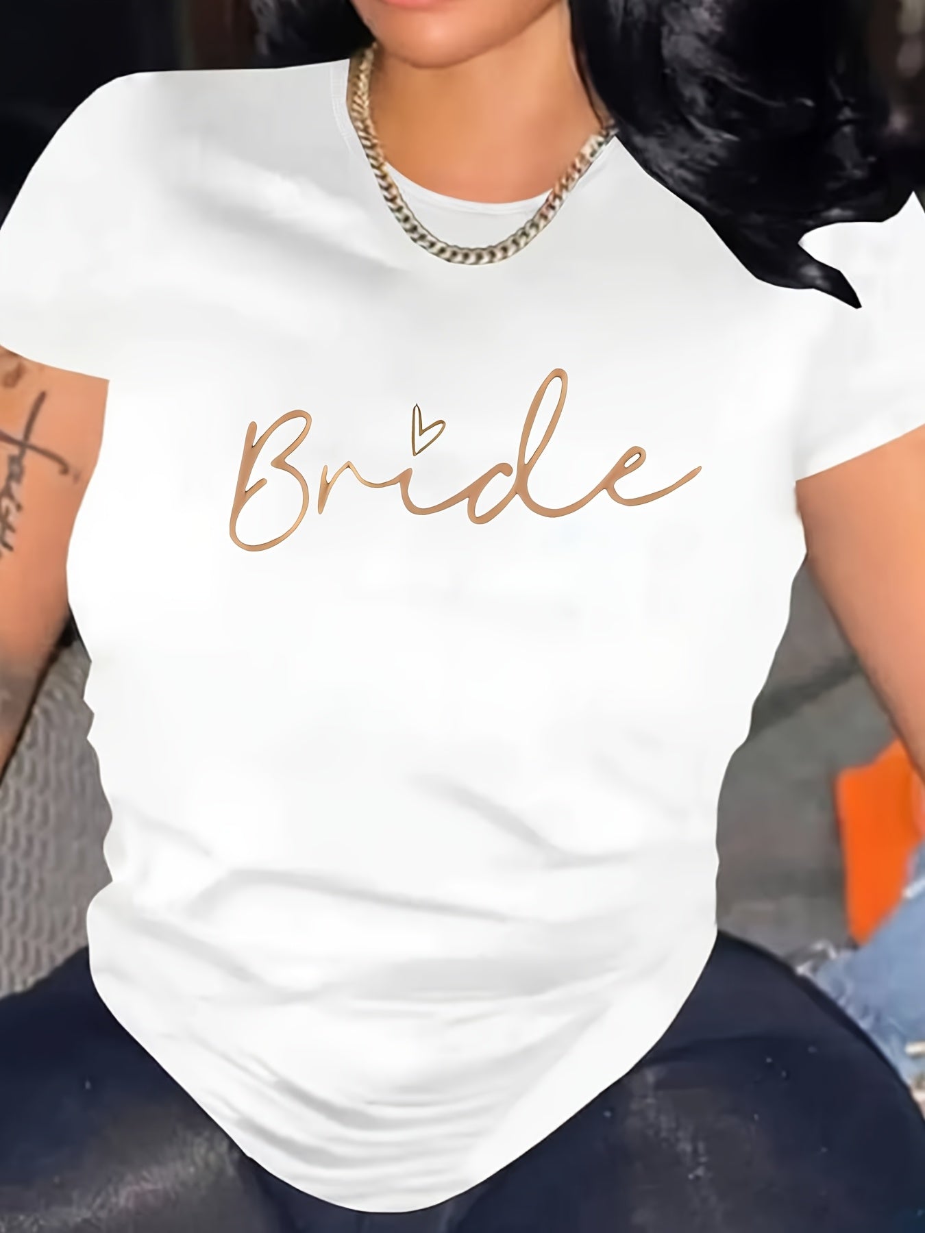 Plus Size Bride Graphic Tee White Short Sleeve Casual Wedding Shirt