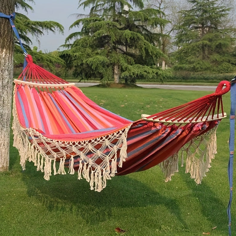Bohemian Style Cotton Blend Hammock with Fringe Thick Ropes 204kg Capacity for Outdoor Garden Patio