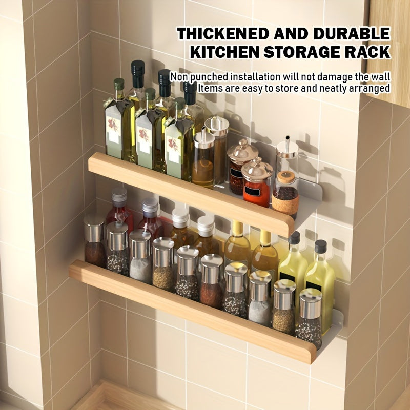 Wood and Metal Wall-Mounted Spice Rack with Hooks for Kitchen Storage