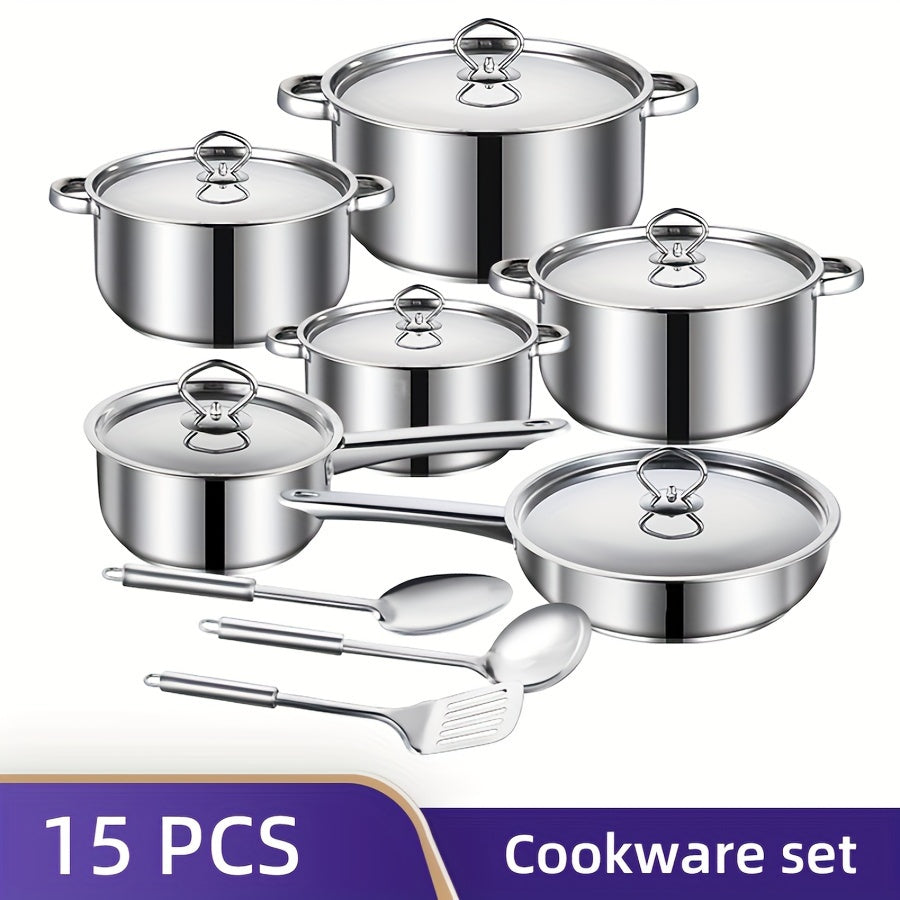 Stainless Steel Cookware Set 15 Pieces Pots Pans Utensils for Home and Restaurant