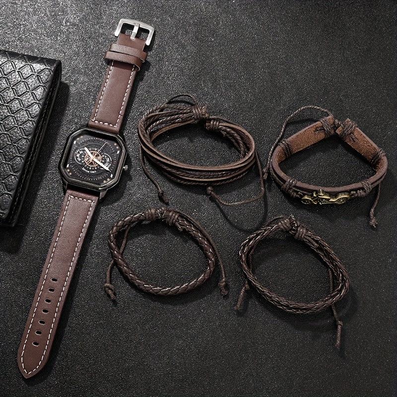 Men's Business Watches and Bracelets Set of Five with Leather Straps and Metal Bands