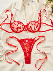 Adult Red Lace Lingerie Set with Bow Accents for Women