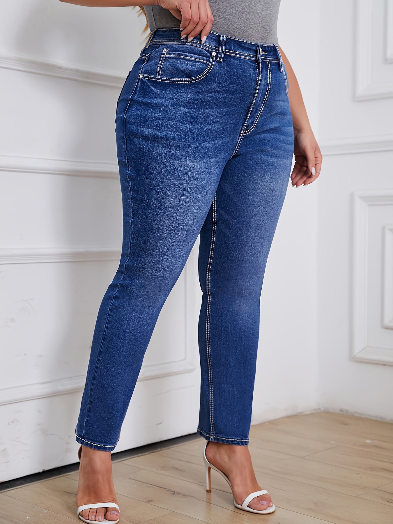 Jeans de mezclilla de talla grande para mujer, ajuste delgado, largo largo, color sólido, casual, con pierna recta