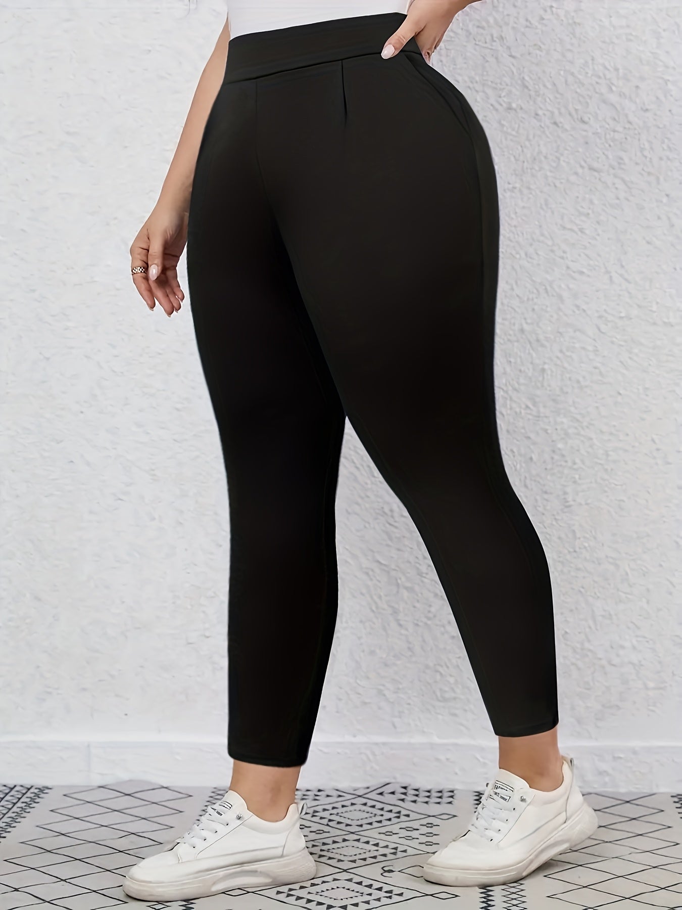 Women's Plus Size Black Straight Leg Pants Elastic Waist Casual Trousers
