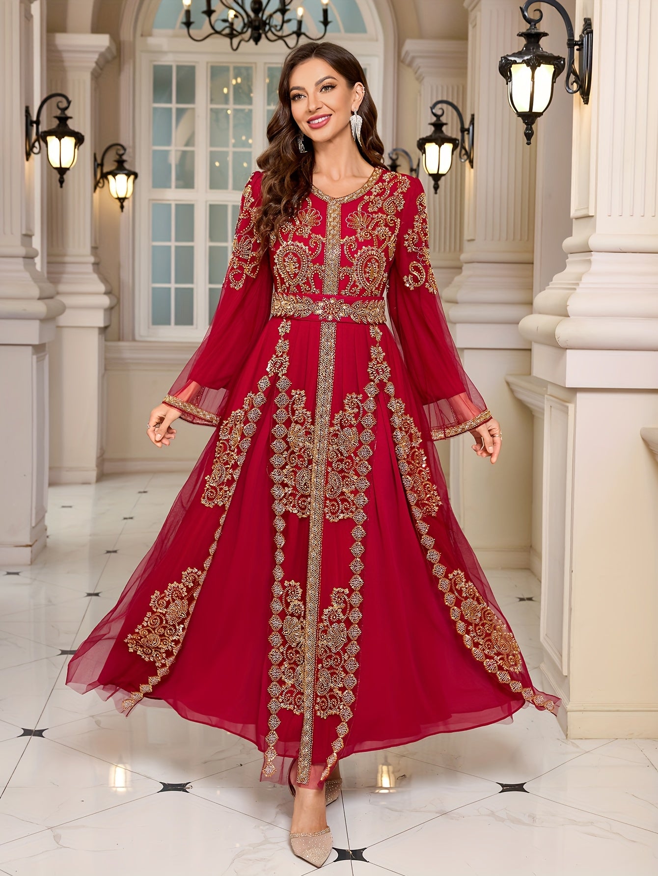Women's Embroidered Beaded Gown Long Sleeve Formal Dress for Weddings