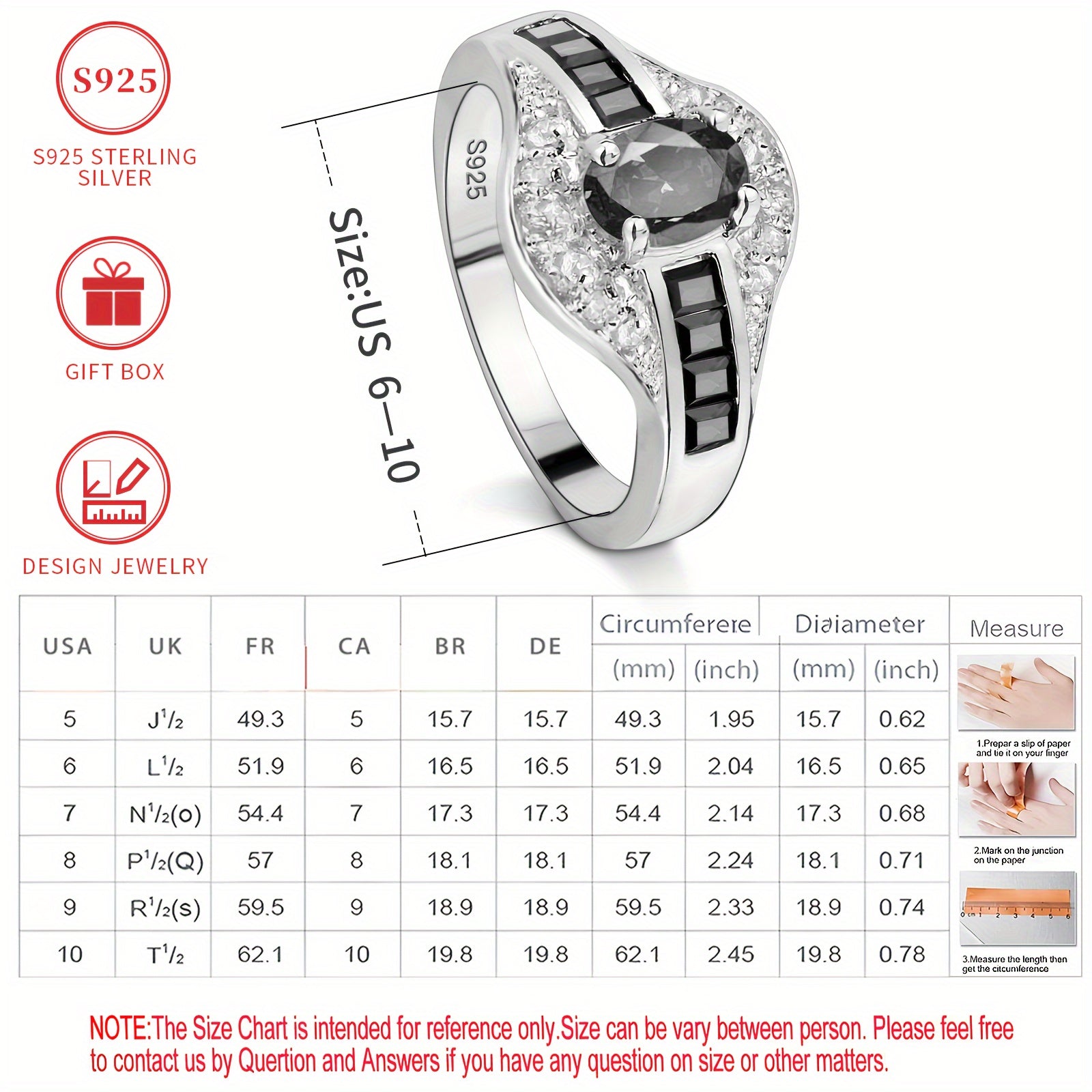 Qora sintetik kubik zirkoni bilan zamonaviy "Ishonch Ko'zi" uzuk, sterling kumushdan tayyorlangan, gippoallergen va nikel-free, to'ylar, partiyalar va Sevgililar kuni kabi maxsus tadbirlar uchun mukammal - Sovg'a qutisi bilan birga keladi.