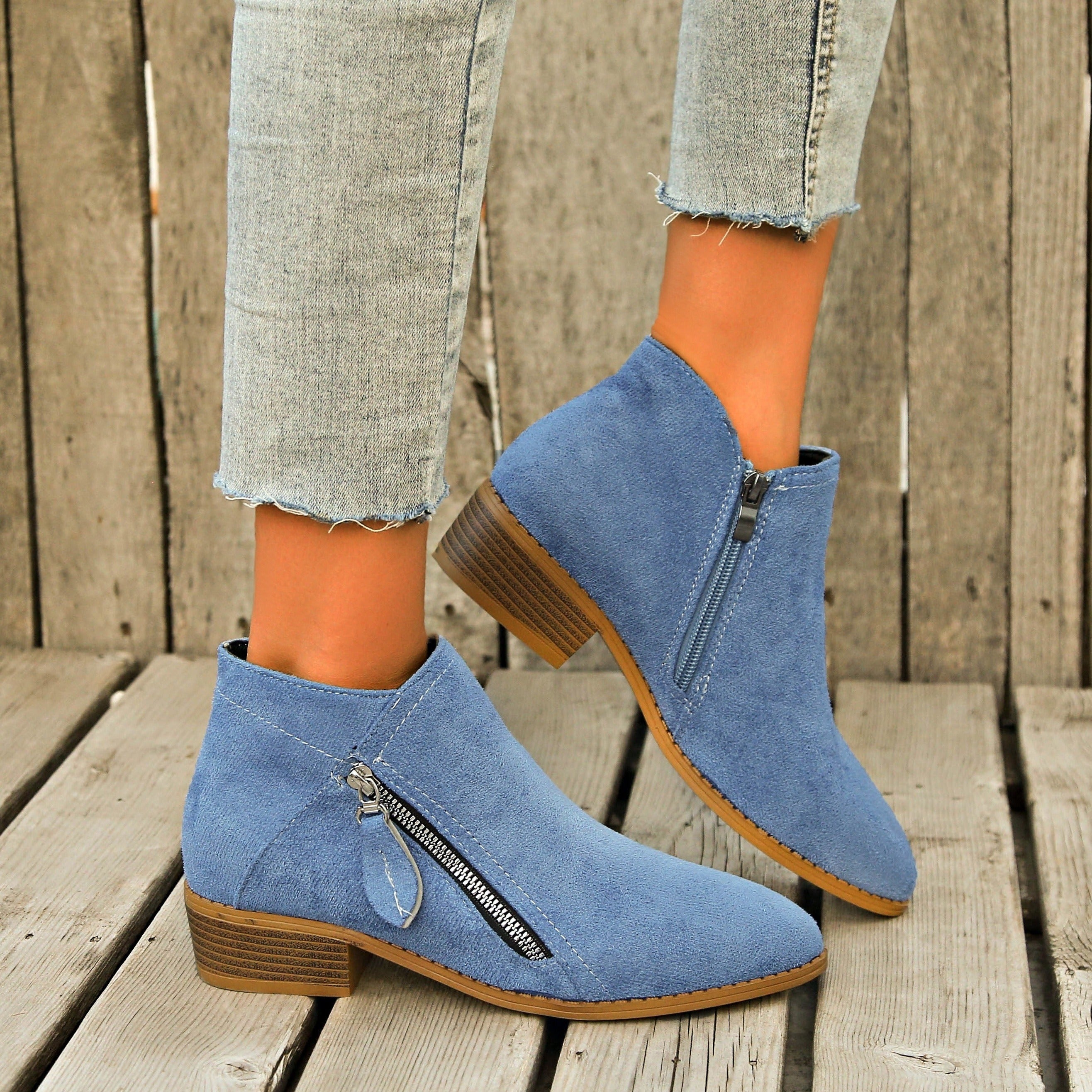 Women's Ankle Boots Retro Solid Color Casual Leather Footwear with Chunky Heel