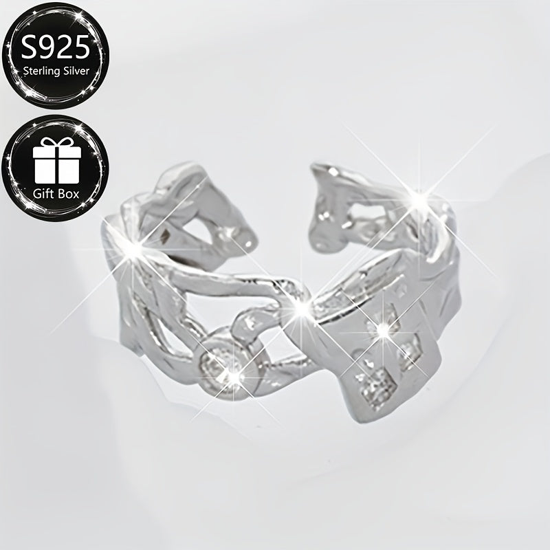 Sterling Silver Adjustable Ring with Cubic Zirconia Stones and Irregular Design