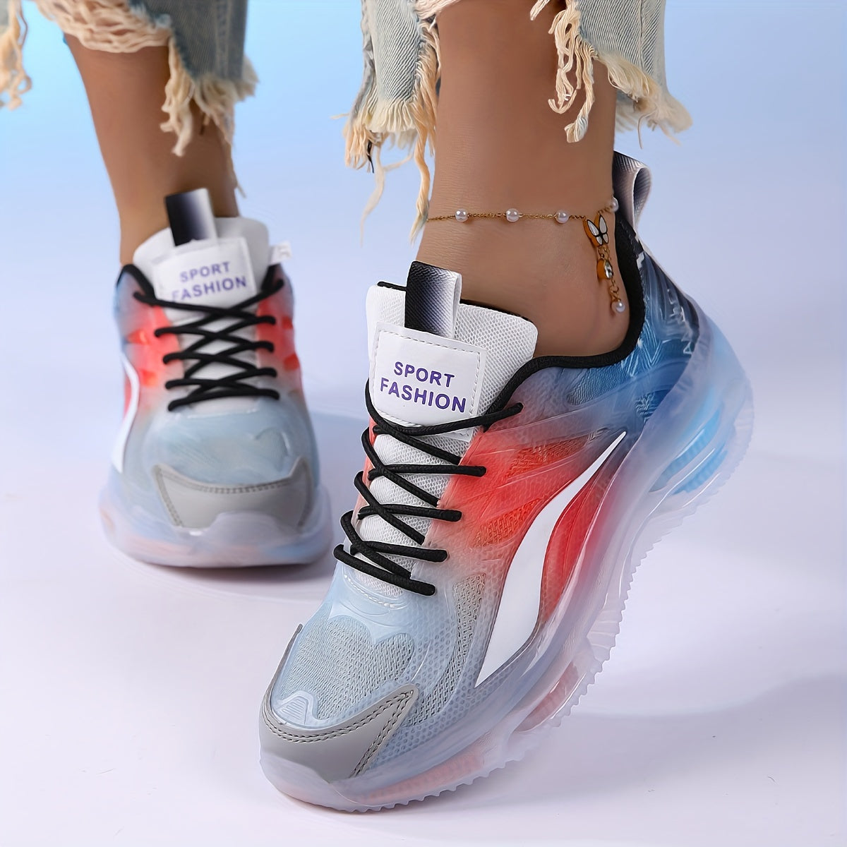 Breathable Mesh Sneakers Lightweight Casual Sports Shoes Blue White Gradient Low Top