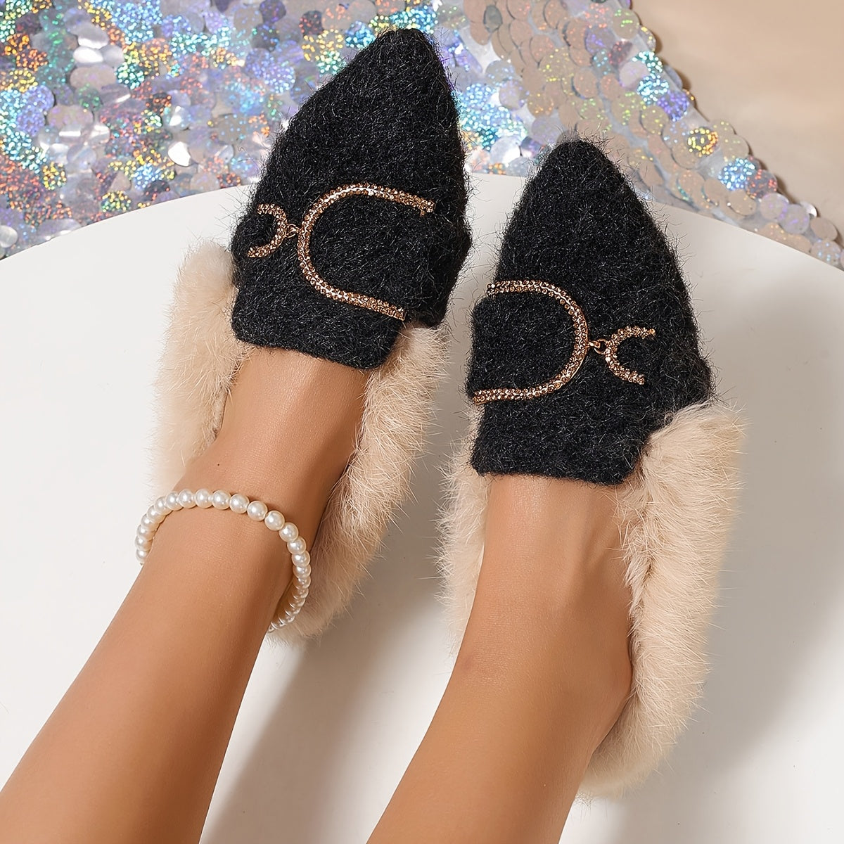 Women's Flat Plush Shoes Pointed Toe Slip-On Mary Jane White Faux Fur