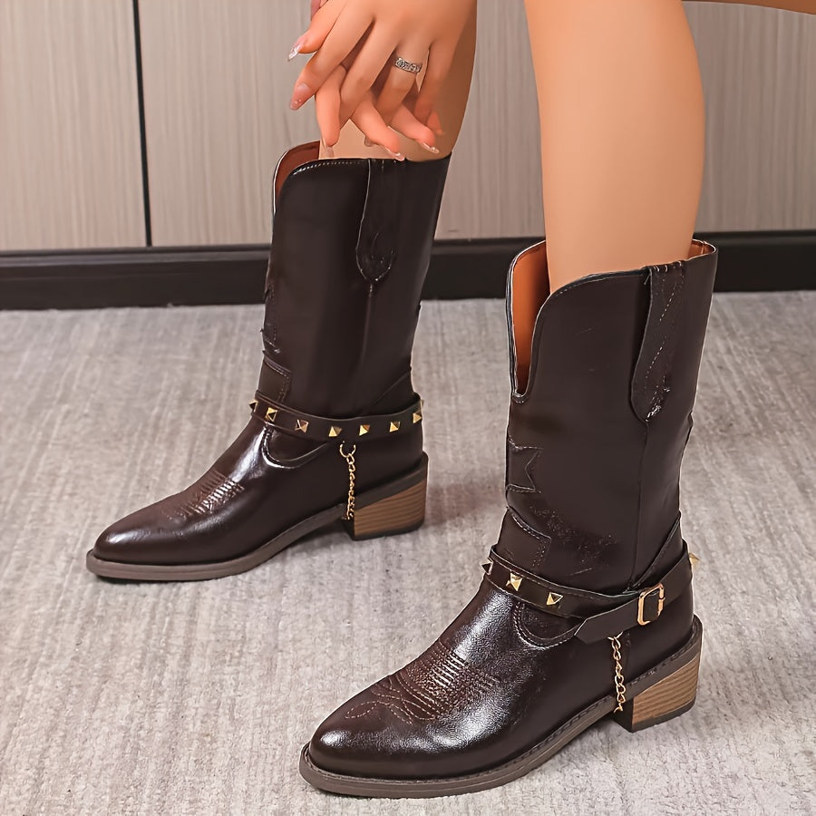 Women's Retro Western Mid-Calf Boots Brown Microfiber Pointed Toe Chunky Heel
